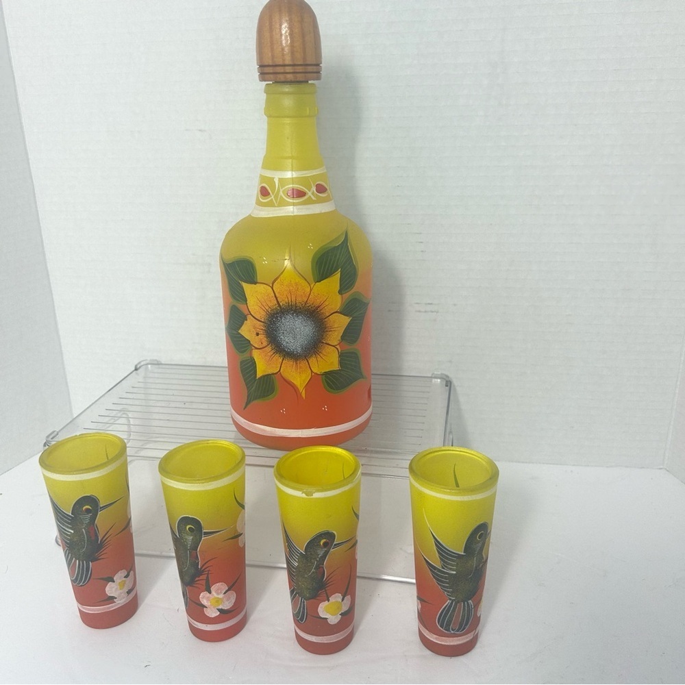 VTG Tequila Drink Set Bottle Shot Glasses Hand Painted Sunflowers Hummingbirds